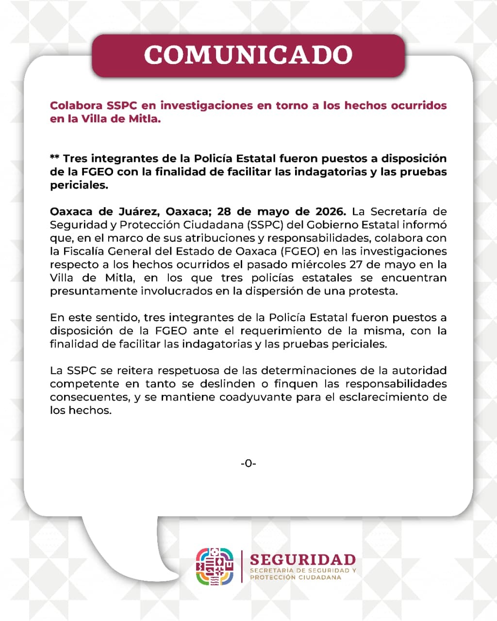 Ponen a disposición de la Fiscalía a tres policías estatales tras hechos en la Villa de Mitla; la SSPC colabora en las indagatorias.