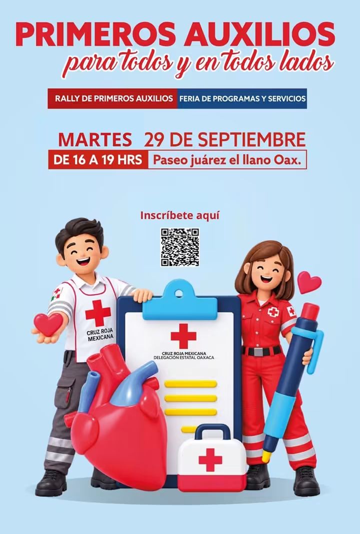 Cruz Roja Oaxaca invita al Rally de Primeros Auxilios y Feria de Programas en El Llano hoy 29 de septiembre